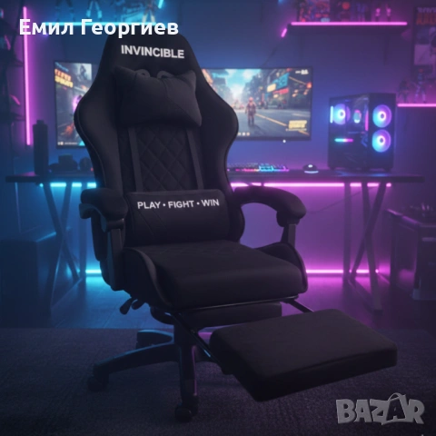 Черен геймърски стол с регулируема височина, лумбална възглавница и метална основа