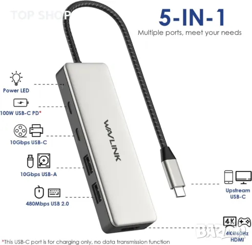 WAVLINK USB C 3.2 хъб HDMI, 10Gbps USB C към HDMI адаптер с 85W PD зареждане, 4K60Hz HDMI, снимка 9 - Кабели и адаптери - 49457526