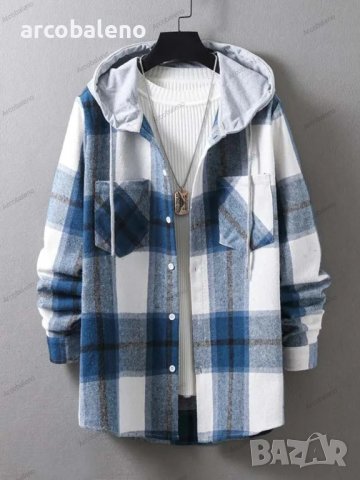Ежедневна мъжка карирана риза (яке) с качулка, 5цвята, снимка 4 - Ризи - 42760268
