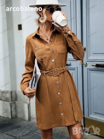 Дамска рокля от рипсено кадифе с дълъг ръкав в стил риза с ревер, снимка 8 - Рокли - 42080824