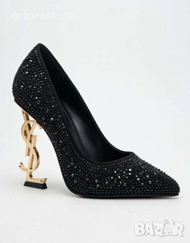 Обувки на ток - черни с камъчета и златист ток - Y1L 