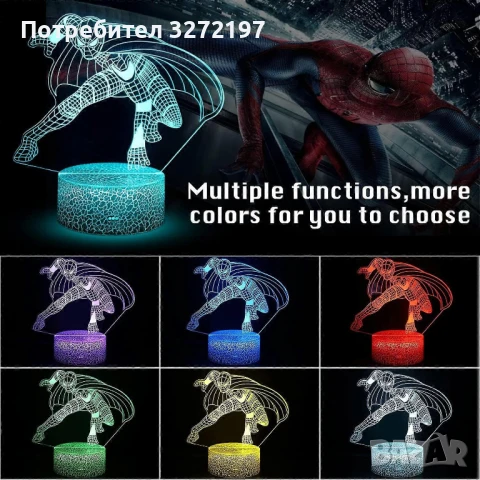 Холограмна 3D LED лампа Spider Man-дистанционно управление 16 цвята+други режими на управление, снимка 2 - Настолни лампи - 50487572