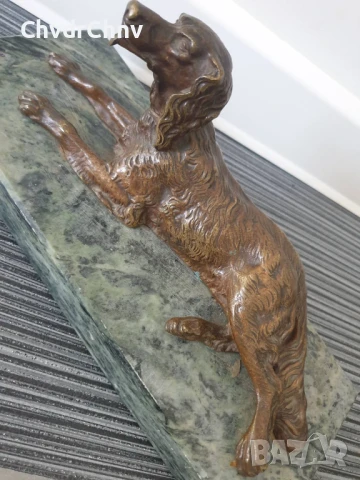 Parvis статуетка 30см-5кг/стара френска бронзова скулптура/фигура на куче-сетер/зелен мрамор, снимка 3 - Антикварни и старинни предмети - 51325012