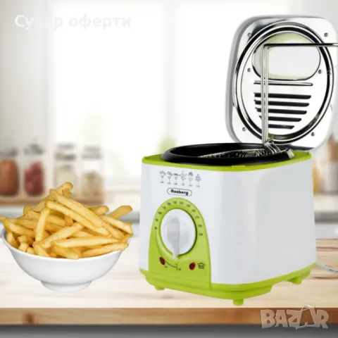 Фритюрник мини Rosberg, 1 литър, 950W, 80-190 C, Бял/зелен - 24 МЕСЕЦА ГАРАНЦИЯ