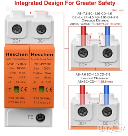Устройство за защита от пренапрежение Heschen за фотоволтаични системи, снимка 5 - Друга електроника - 53154379
