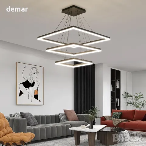 Модерен LED полилей, димируем, 3-слоен квадрат, регулиране на височина, снимка 10 - Полилеи - 48205109