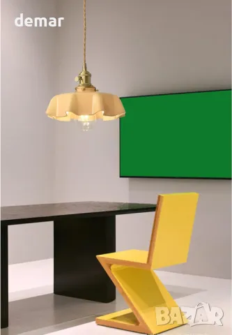 NICRX 250 mm стъклена висяща лампа с жълто цвете, висяща лампа от златен месинг и стъкло, снимка 2 - Лампи за таван - 47745485