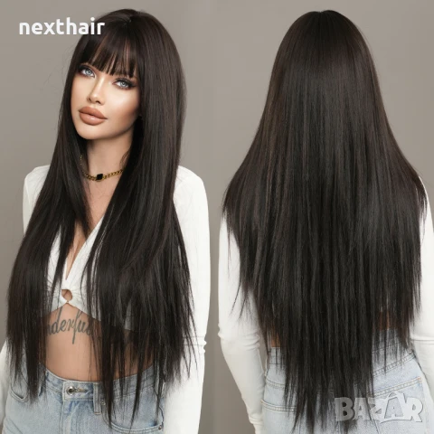 Дълга 80 см тъмно кафява към черна права перука на пластове зигзаг път