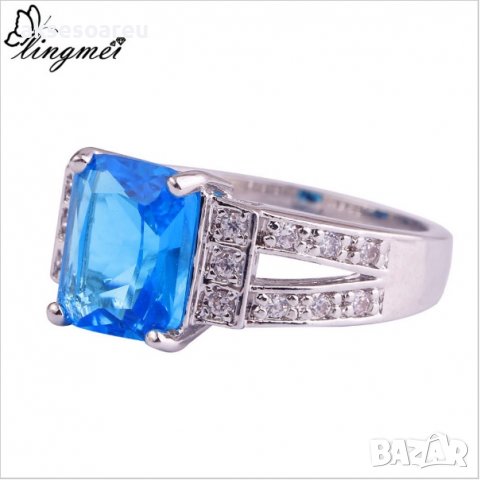 Посребрен пръстен със син камък, фини кралски бижута със цирконий, бижу унисекс моден младежки, снимка 12 - Пръстени - 21871788