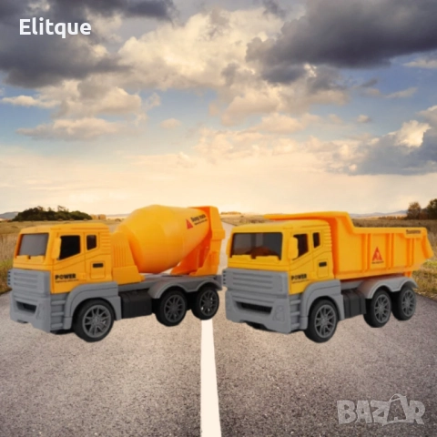 Комплект жълти строителни камиони с въртяща се цистерна и повдигаща се каросерия, снимка 6 - Други - 52745109