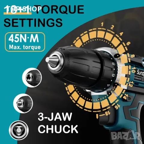 Sundpey 21V Електрическа бормашина Винтоверт с 2 батерии 2,0 Ah, LED светлина и нивелир, 2 скорости, снимка 6 - Винтоверти - 49522709