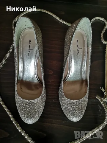 Дамски златисти луксозни обувки с подходяща чантичка, снимка 7 - Дамски обувки на ток - 50152553