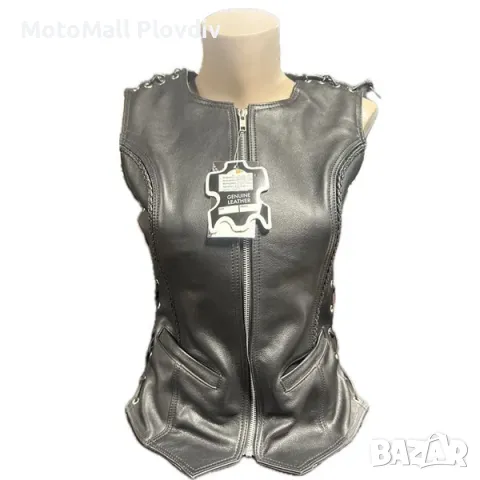 Дамски кожен мото елек клубен черен рокерски 