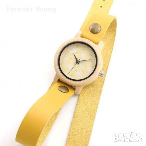 Дамски дървен часовник от бамбук с увиваща се каишка в жълто, снимка 4 - Дамски - 38287344