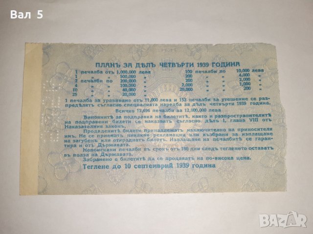 Стар лотариен билет , лотария - Царство България - 1939 г, снимка 2 - Колекции - 39295758