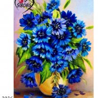 Диамантен гоблен Сини цветя във ваза, снимка 1 - Гоблени - 35267728