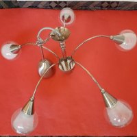 Качествена Лампа Полилей Инокс за Таван с 5 Стъкла/Камбанки , снимка 1 - Лампи за таван - 39177429