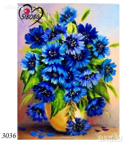 Диамантен гоблен Сини цветя във ваза, снимка 1