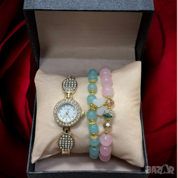 Елегантен дамски комплект - часовник с камъни цирконии и 2 броя гривни с естествени камъни, снимка 1