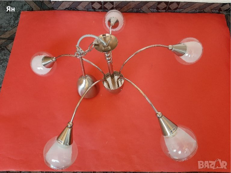 Качествена Лампа Полилей Инокс за Таван с 5 Стъкла/Камбанки , снимка 1