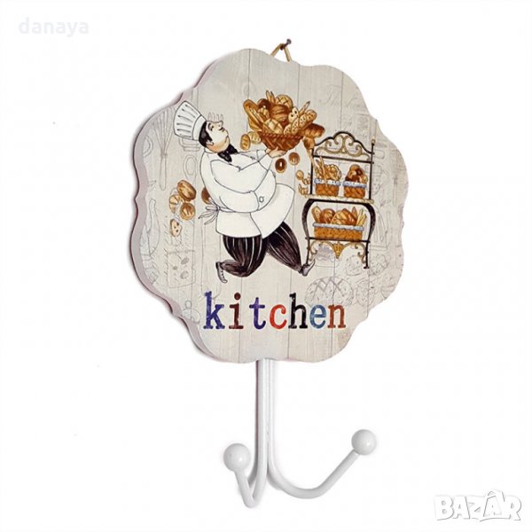 948 Декоративна дървена кухненска закачалка за стена с 2 куки Готвачи, снимка 1