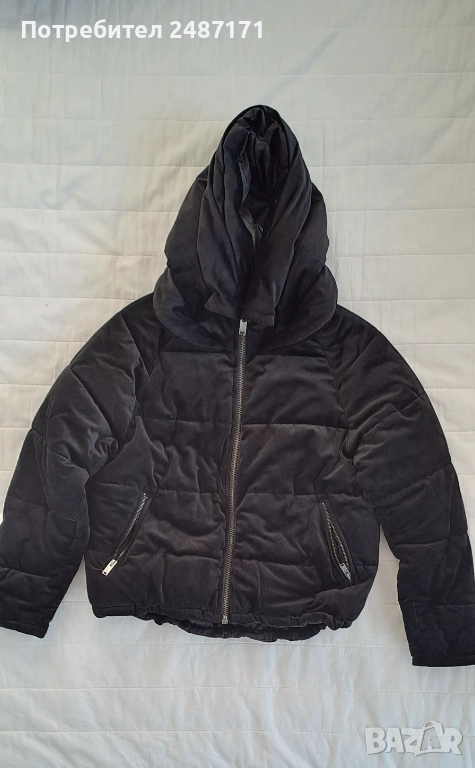 Черно топло дамско кадифено яке с качулка, снимка 1