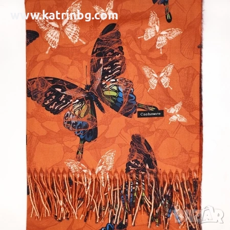 Кашмирен дамски шал в оранжево с пеперуди Код на продукта:sh-10-5, снимка 1