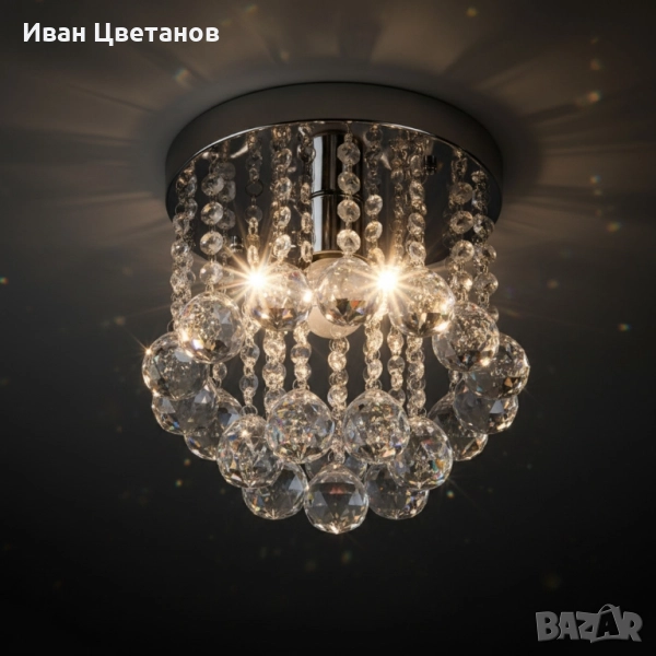 Модерен таванен полилей с големи кристални сфери и основа в сребристо, снимка 1