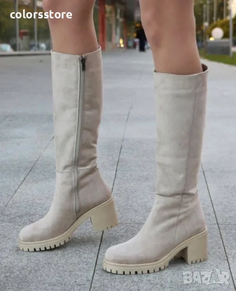 Ботуши на ток - бежов велур - BSW90, снимка 1