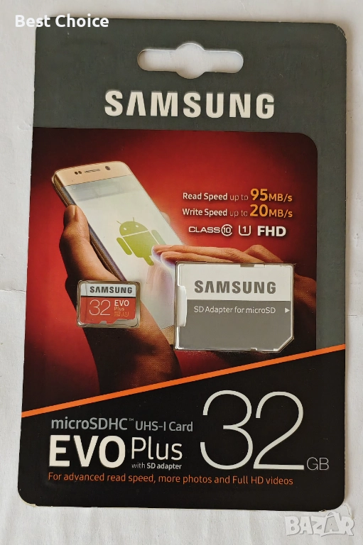 Карта памет Samsung EVO Plus microSDHC UHS-I с капацитет 32 GB и включен SD адаптер, снимка 1