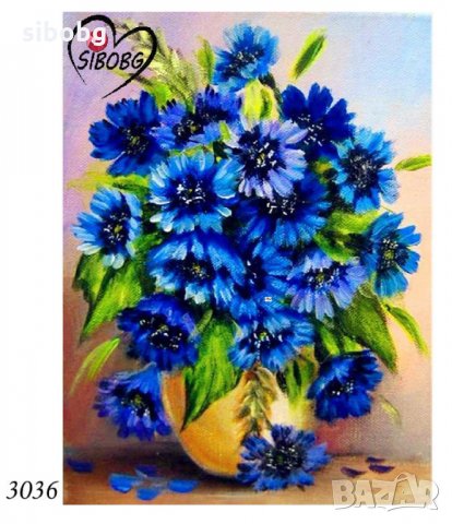 Диамантен гоблен Сини цветя във ваза, снимка 1 - Гоблени - 35267728