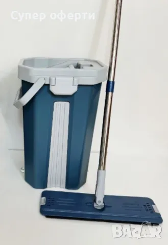 Комплект за почистване с плосък моп и кофа със система за изстискване, снимка 2 - Мопове, кофи, четки и метли - 49374293