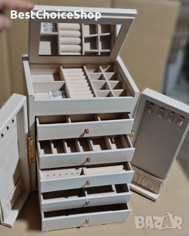 Kутия за бижута. Голяма 6-етажна с 5 чекмеджета и огледало за пръстени и колиета, снимка 4 - Колиета, медальони, синджири - 53083147