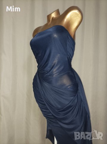 М Елегантна Тъмно синя еластична,рокля с един ръкав, снимка 2 - Рокли - 37361319