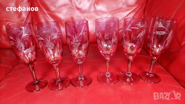 Разкошни чаши, калиево стъкло, ръчна гравюра, столче, 11 бр, снимка 6 - Чаши - 51142459