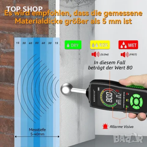 Професионален Влагомер RDINSCOS Стена/Зидария/дърво/мазилка/замазка/бетон/гипс, снимка 2 - Друга електроника - 49308664