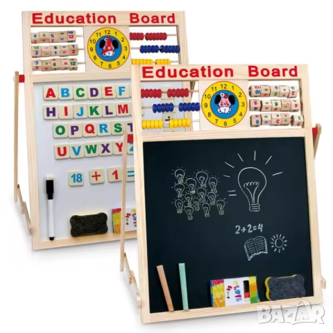 Двулицева Образователна Магнитна Дъска със Сметало и Азбука, Черна Дъска с Тебешири, 43.5x32cm