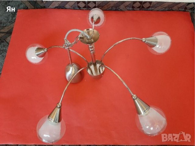 Качествена Лампа Полилей Инокс за Таван с 5 Стъкла/Камбанки 