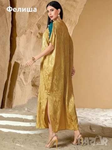 Лимитирана Арабска Жакард Златна Рокля с Инкрустирани Зелени Изумрудени Камъчета и Блестящи Мъниста, снимка 3 - Рокли - 51006223