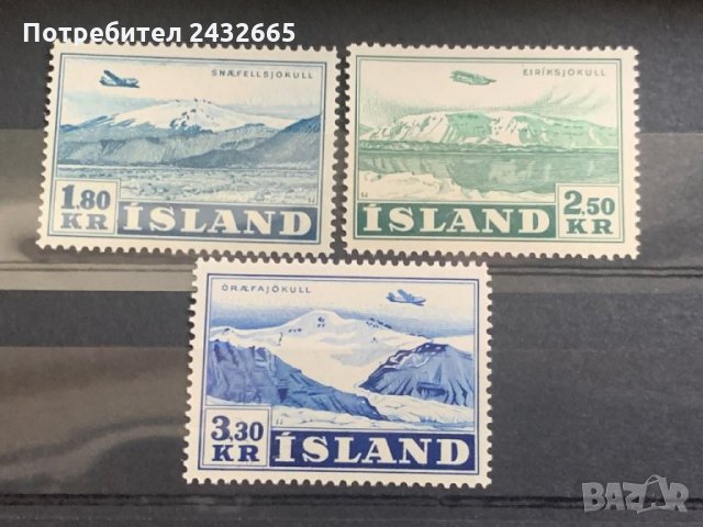 224. Исландия 1952 = AFA: 279-281 “ Изгледи. Airmail - Самолети над планините”, Mint., снимка 1