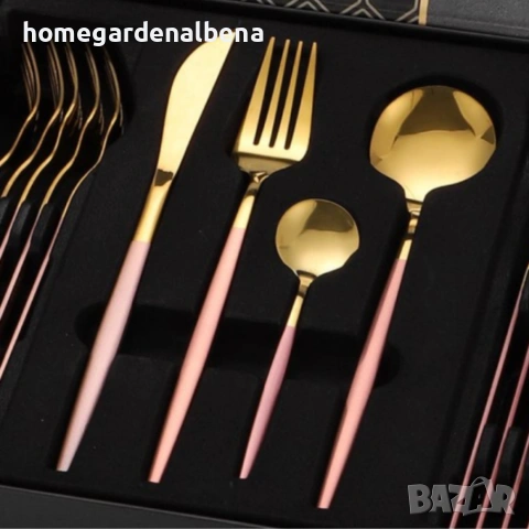 Комплект прибори за хранене 24 части неръждаема стомана златисто розово магнитна кутия, снимка 4 - Прибори за хранене, готвене и сервиране - 54166169