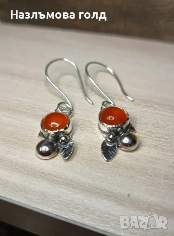 Сребърни обеци с карнеол, ръчна изработка, Уникат, снимка 2 - Обеци - 50786419
