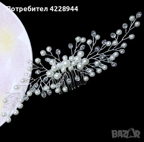 Аксесоар за коса – сребрист, с перли и кристали за сватба, бал, парти, снимка 3 - Аксесоари за коса - 50778178