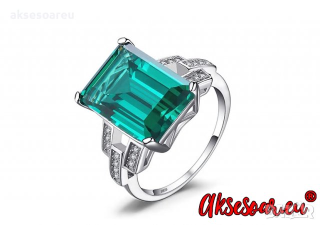 Пръстен със смарагдов зелен син камък 925 сребърен посребрен за жени годежен за момичета скъпоценни , снимка 4 - Пръстени - 38380033
