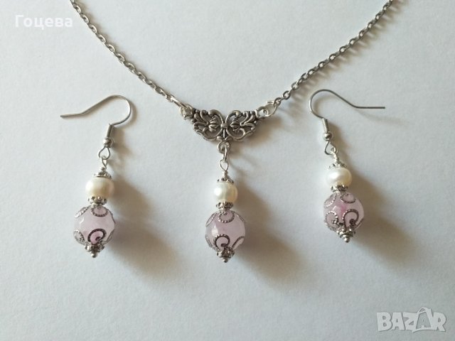 Прелестно нежен комплект с истински перли и камъни Розов кварц - камъкът на Любовта !, снимка 7 - Бижутерийни комплекти - 31998356
