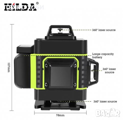 Лазерен нивелир 16 линии 2г.гаранция,2 батерии,пълен комплект водоустойчив, снимка 8 - Измервателни инструменти - 37435075