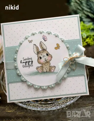 Заек зайче пиле яйца момиче с букет Великденски силиконов гумен печат бисквитки фондан Scrapbooking, снимка 2 - Други - 48419503