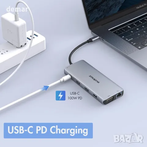 USB C докинг станция с двоен монитор, 12 в 1 за лаптоп с 2 HDMI, VGA, 2 USB 3.0, 2 USB 2.0, 100 W PD, снимка 7 - Друга електроника - 47450256