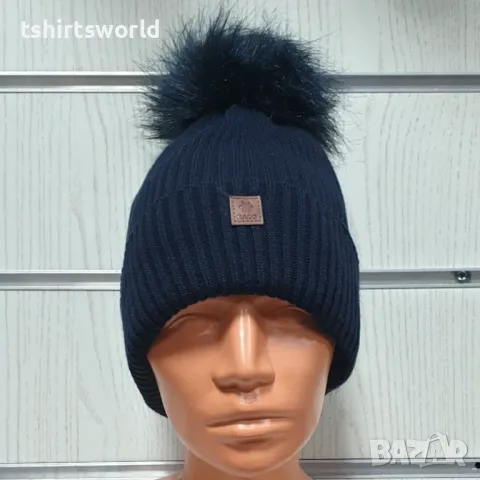 Нова зимна топла дамска шапка Silver Star в тъмносин цвят с пух/помпон