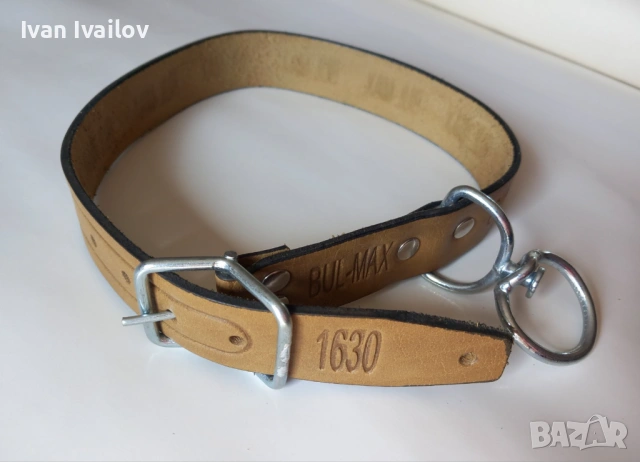 Брандиран кожен нашийник BUL-MAX с върток – 3.5 см / 70 см